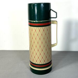 Vintage Aladdin Insulated Thermos Bottle Green Tan Design Rare 1qt Made in USA